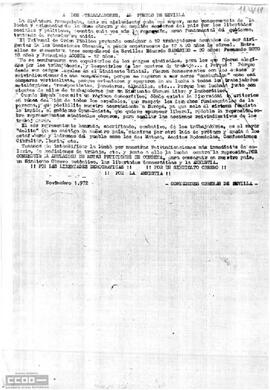 Llamamiento de las Comisiones Obreras de Sevilla para intensificar la lucha por las reivindicaciones.