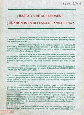 “¡Basta ya de agresiones! ¡Unámonos en defensa de Andalucía!”. Llamamiento del Comité Ejecutivo del Comité Central del PTA para la organización de una gran campaña de apoyo a la Junta de Andalucía.