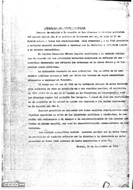 Comunicado del Comité Provincial de Madrid del PCOE sobre la colaboración con las organizaciones en la lucha por las libertades políticas y sindicales.