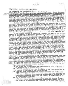 Copia de la carta de las Comisiones Obreras del Metal y otros al Delegado Nacional de Sindicatos en la que solicitan el cese de las medidas represivas a los sindicalistas.