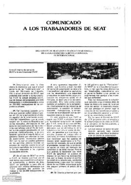 Comunicado del Comité de SEAT (Zona Franca y Martorell) de la LCR en el que se denuncia el intento de venta de SEAT a la multinacional FIAT