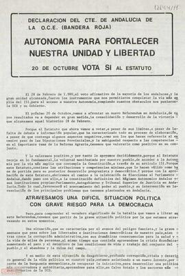 “Autonomía para fortalecer nuestra unidad y libertad. 20 de octubre vota sí al Estatuto”. Declaración del Comité Regional de Andalucía de la Organización Comunista de España (Bandera Roja)