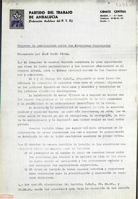 Proyecto de resoluciones sobre las elecciones municipales. Presentado al Pleno del Comité Central del PTA por José Tomás Pérez