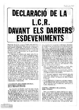 “Declaració de la LCR davant els darrers esdeveniments”. Comité Executiu de Catalunya de la LCR