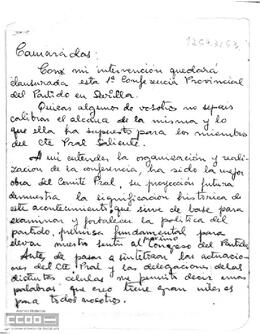 Resumen y clausura de la I Conferencia Provincial del PCOE de Sevilla por [Manuel Góngora]. Manuscrito.