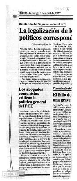 "Los abogados comunistas critican la política general del PCE", artículo de El País de abril de 1977.
