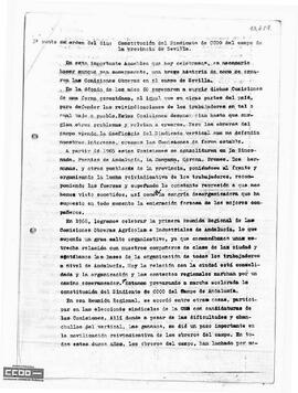 Informe sobre la constitución del Sindicato de Comisiones Obreras del Campo de la provincia de Sevilla. Presentado en la Asamblea constitutiva del sindicato de Comisiones Obreras del Campo de Sevilla.