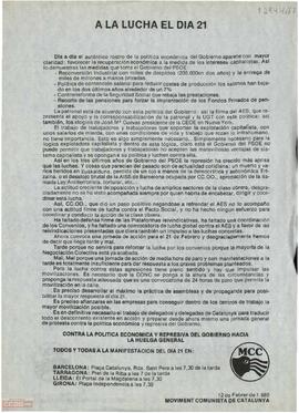 “A la lucha el día 21”. Llamamiento del Moviment Comunista de Catalunya a la participación en la  manifestación del día 21