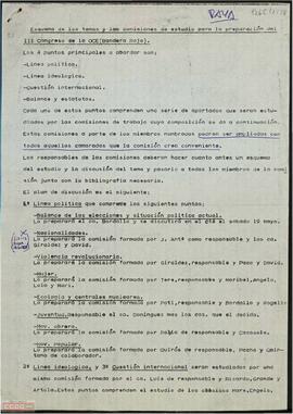 Esquema de los temas y las comisiones de estudio para la preparación del III Congreso de la OCE (Bandera Roja)