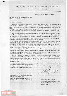 Carta del Secretario de Organización del Comité Central del PCOE al Comité de la Organización del PCOE en Sevilla en la que le informa sobre la edición del libro de Enrique Líster “¡Basta!”. Acompaña invitación y hoja de pedido.