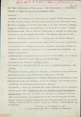 Circular del Secretariado del Comité Regional de Andalucía sobre el desarrollo de la I Conferencia Regional de Andalucía de la OCE