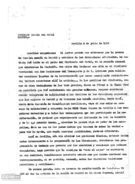 Copia de la carta de la Comisión de Enlaces, jurados y obreros metalúrgicos sevillanos a la Comisión Obrera del Metal de Madrid solidarizándose con los trabajadores madrileños.