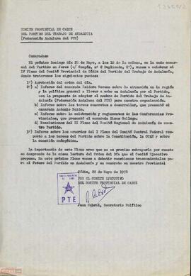 Convocatoria y orden del día del IV Pleno del Comité Provincial de Cádiz del PTA.