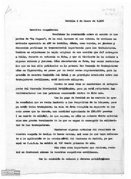 Copia de la carta de la Comisión de Enlaces y obreros metalúrgicos sevillanos a los compañeros madrileños. Información varia.
