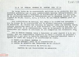 “¡A la huelga general el martes día 13!”. Llamamiento del Comité Provincial de Sevilla del Partido de los Trabajadores de Andalucía