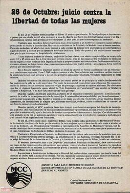 “26 de octubre: juicio contra la libertad de todas la mujeres”. Llamamiento del Comitè Nacional del Moviment Comunista de Catalunya en defensa de las 11 mujeres de Bilbao