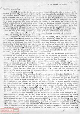Carta de Quina sobre la conducta del camarada PB.