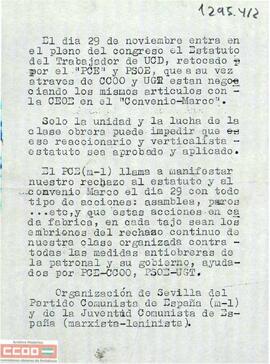 “El día 29 de noviembre entra en el pleno del congreso el Estatuto del Trabajador de UCD… “. Octavilla de la Organización de Sevilla del Partido Comunista de España (m-l) y de la Juventud Comunista de España (marxista-leninista)
