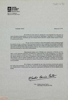 Carta de Eladio García Castro, Secretario General del PTE, en la que envía un mensaje de optimismo ante las próximas elecciones.