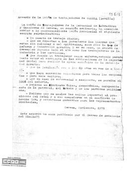Acuerdo de la Unión de trabajadores de Gerena sobre sus reivindicaciones.