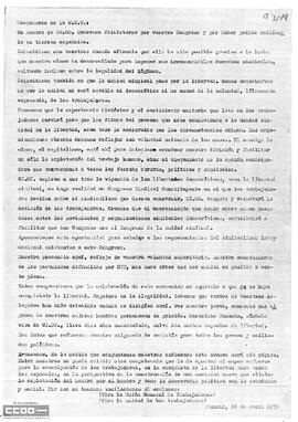 “Compañeros de la UGT.”. Escrito de felicitación de Comisiones Obreras a los compañeros de la UGT por la celebración de su congreso en España.