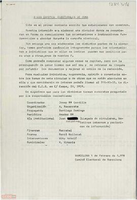 Circular del Comité Electoral de Barcelona del [PTE] sobre las orientaciones e instrucciones para la campaña electoral.