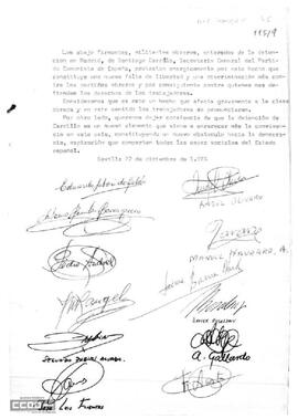 Escrito de protesta de militantes obreros por la detención de Santiago Carrillo