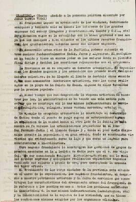 “Urbanismo: texto añadido a la ponencia política elaborado por Jesús García Vidal”. [Comité Provincial de Cádiz del PTA].