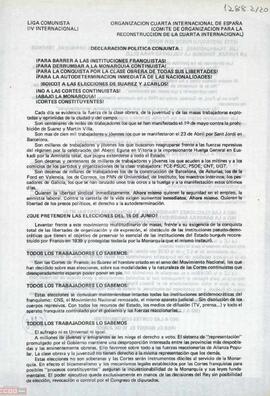 Declaración política conjunta de la Liga Comunista y de la Organización Cuarta Internacional de España ante las elecciones generales del 15 de junio.