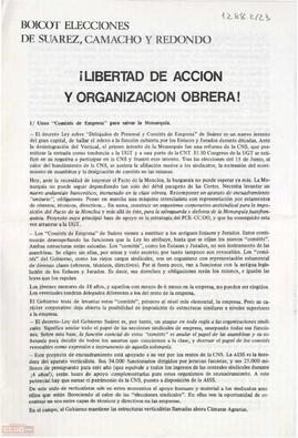 “¡Libertad de acción y organización obrera! Boicot elecciones de Suárez, Camacho y Redondo”