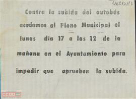 “Contra la subida del autobús acudamos al Pleno Municipal...”. Octavilla de la OCE (Bandera Roja)