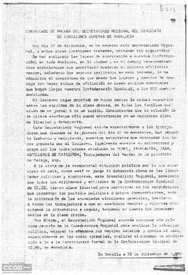 Comunicado de prensa del Secretariado Regional sobre los acuerdos tomados en su reunión.