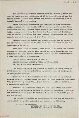 Comunicado de solidaridad de la Comisión de Arte y Cultura del PTA con el pueblo palestinos ante el asesinato de dos cineastas palestinos.