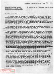 Copia de la respuesta del C[omité] P[rovincial] de Sevilla a Enrique Líster como contestación a su carta del 6 de febrero.