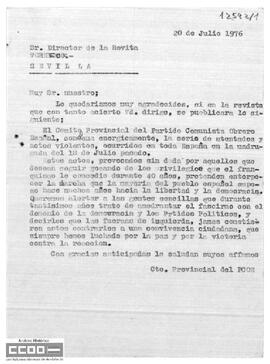 Comunicado de prensa del Comité Provincial de [Sevilla] del PCOE en el que se  condenan los actos violentos de la madrugada del 18 de julio.