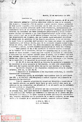 Carta del C[omité] P[rovincial] de Madrid a los camaradas en la que se pide estrechar las relaciones con Coordinación Democrática.