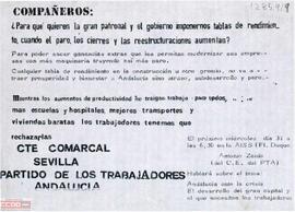 “Compañeros: ¿Para qué quieren la gran patronal...? ...” Comité Comarcal de Sevilla del Partido de los Trabajadores de Andalucía