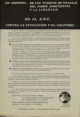 “En defensa: de los puestos de trabajo, del poder adquisitivo y la libertad. No al A.N.E. Contra la involución y el golpismo”. Llamamiento del Moviment Comunista de Catalunya a la participación en la manifestación del 17 de diciembre