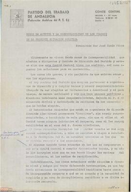 “Sobre la actitud y la responsabilidad de los cuadros en la presente situación política”. Documento presentado al Pleno del Comité Central del PTA por José Tomás Pérez.