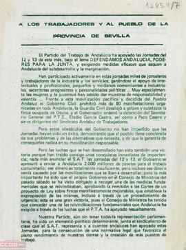 “A los trabajadores y al pueblo de la provincia de Sevilla”. Llamamiento del Comité Provincial de [Sevilla] del PTA para que se unan al partido
