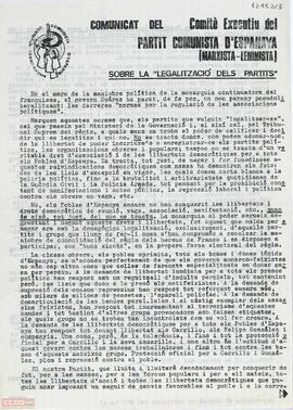 “Comunicat del Comitè Executiu del Partit Comunista d’Espanya (marxista-leninista) sobre la legalització dels partits”. Documento reproducido por el Comitè de Catalulnya del PCE (m-l)