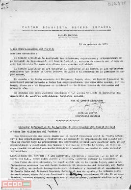Carta del Comité Central del PCOE a las organizaciones del Partido en la que se inserta la circular informativa de la Comisión de Organización.