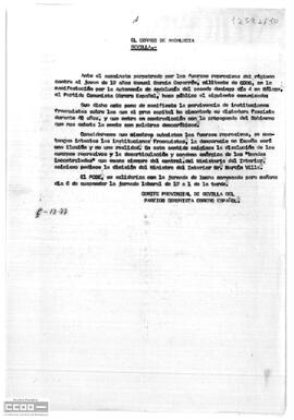 Comunicado de prensa del Comité Provincial de Sevilla del PCOE en el que exige la disolución de los cuerpos represivos por el asesinato de Manuel García Caparrós.