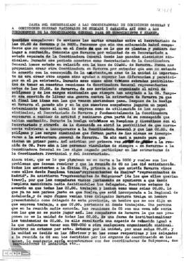 Carta del Secretariado a las Coordinadoras de Comisiones Obreras a cerca de los problemas de la unidad de Comisiones en Navarra.