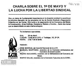 Invitación de la LCR a la charla sobre el 1º de mayo y la lucha por la libertad sindical. 25 de abril