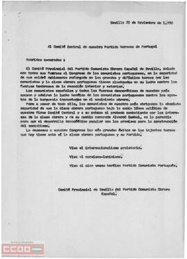 Copia de la carta del Comité Provincial de Sevilla del PCOE al Comité Central del Partido Comunista portugués deseándole éxitos en la celebración de su congreso.