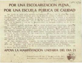 “Por una escolarización plena, por una escuela pública de calidad. Apoya la manifestación unitaria del día 21”. Llamamiento de la Organització de L’Hospitalet del Moviment Comunista de Catalunya
