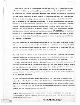 Comunicado de la Coordinadora Regional de Comisiones Obreras de la Construcción sobre los acuerdos tomados en su reunión.