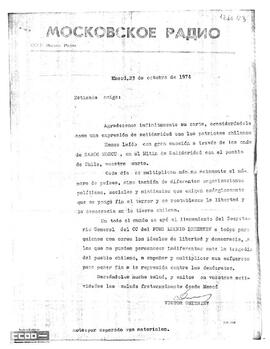 Respuesta de Víctor Dmítriev  en la que agradece la solidaridad con el pueblo chileno.
