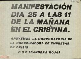 “Manifestación día 25 a las 11 de la mañana en el Cristina...”. Hoja volandera de la OCE (Bandera Roja)